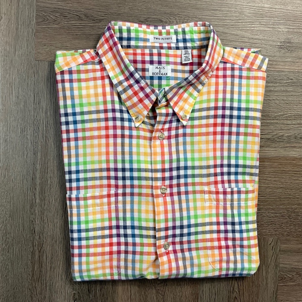Maus & Hoffman Two Ply 80's Madras Check Short Sleeve Shirt Mens XXL Rainbow